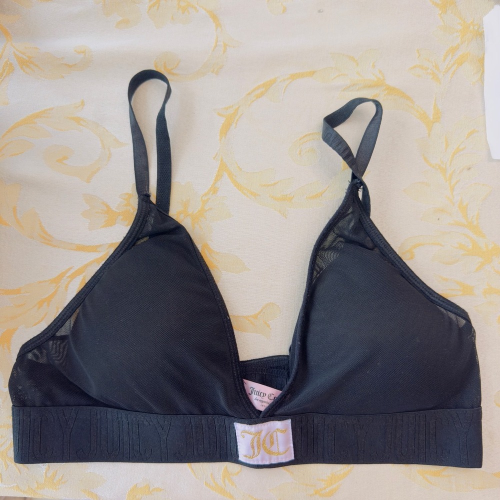 Juicy Couture Bralette Black Mesh Logo Band Stretch Lounge Sexy Bra Size M